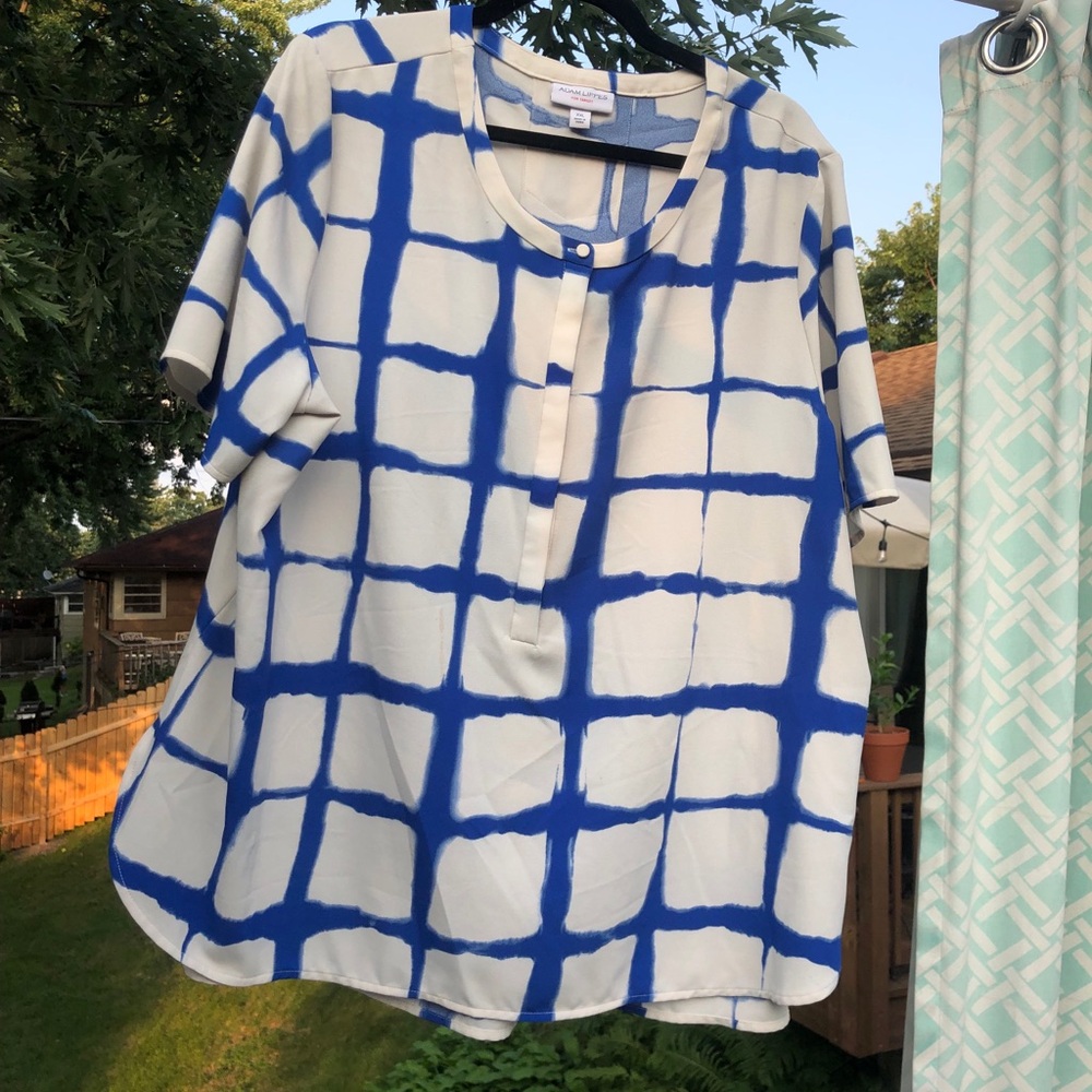 White and blue short sleeve blouse